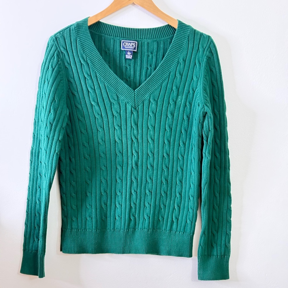 Chaps Classics Women’s Cable Knit V-Neck Sweater Green Size L Cotton
